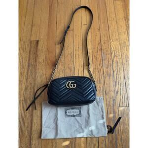 Gucci Crossbody Bag Womens Small Black Leather GG Marmont Camera Made In Italy